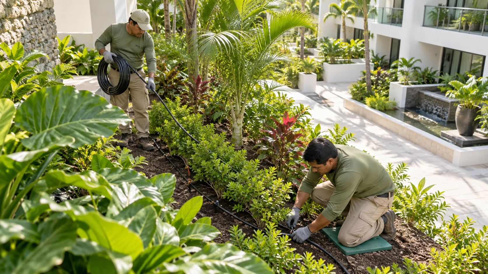 Fotografía ilustrativa original de instalación de riego en un jardín
